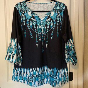 Blue/Teal and Black Western Native American Style Tunic Top